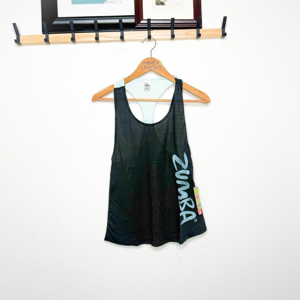 Zumba NWt! Women's Galaxy Loose Racerback Top Black & Aqua Blue, Raw Hem, Size S
